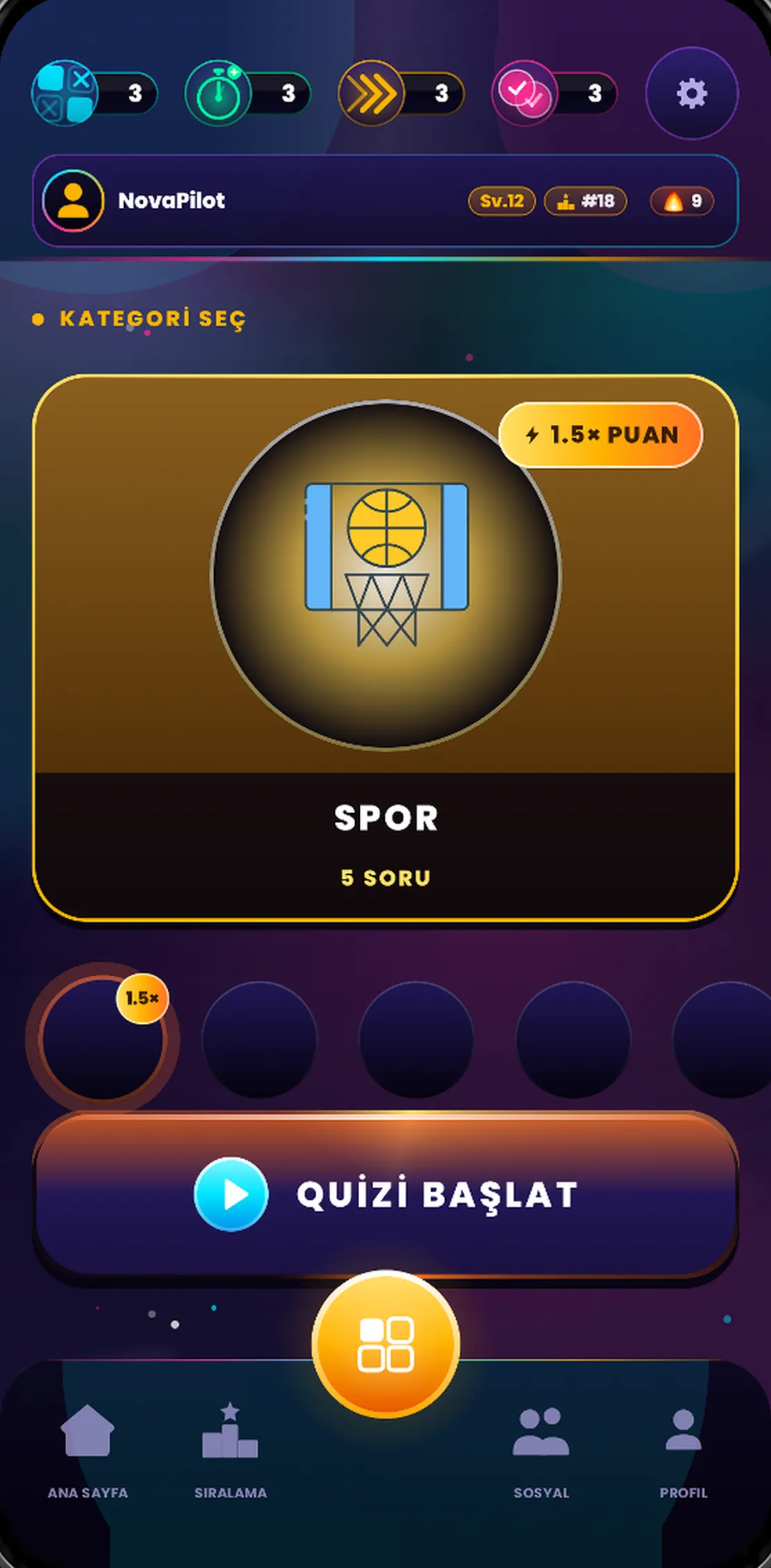 Quiz Flux kategori ekranı ve Quizi Başlat düğmesi
